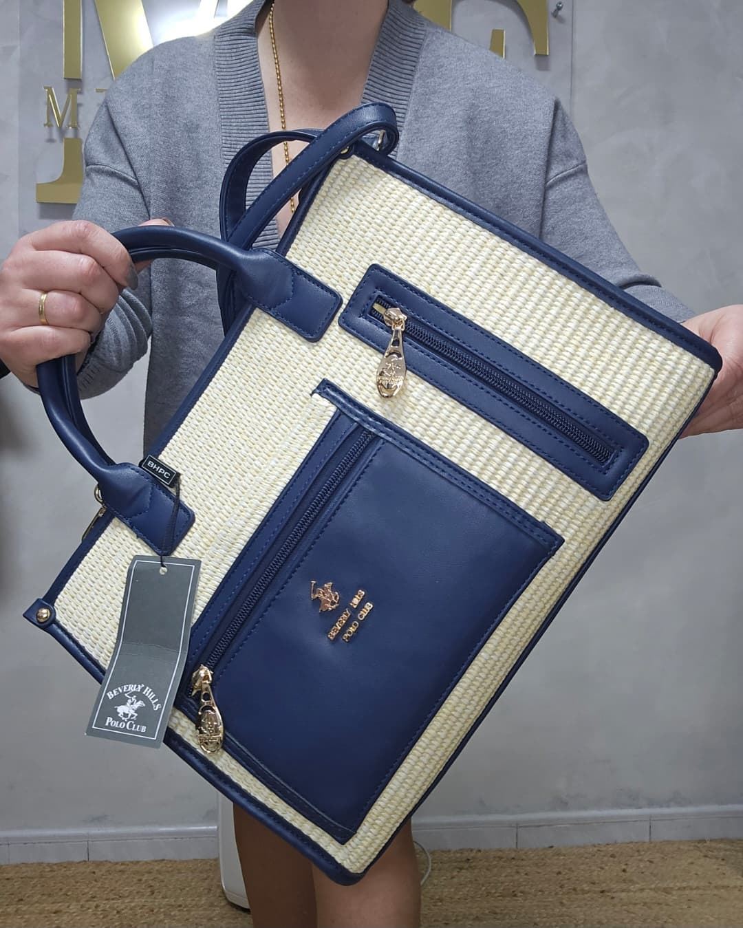 Bolso Tote Polo Club Beige Y Azul - Imagen 1