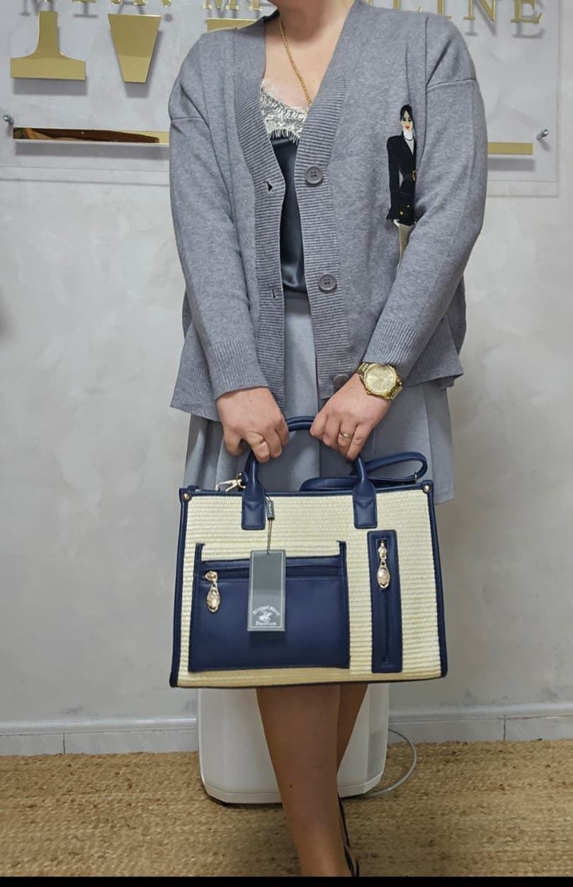 Bolso Tote Polo Club Beige Y Azul - Imagen 3
