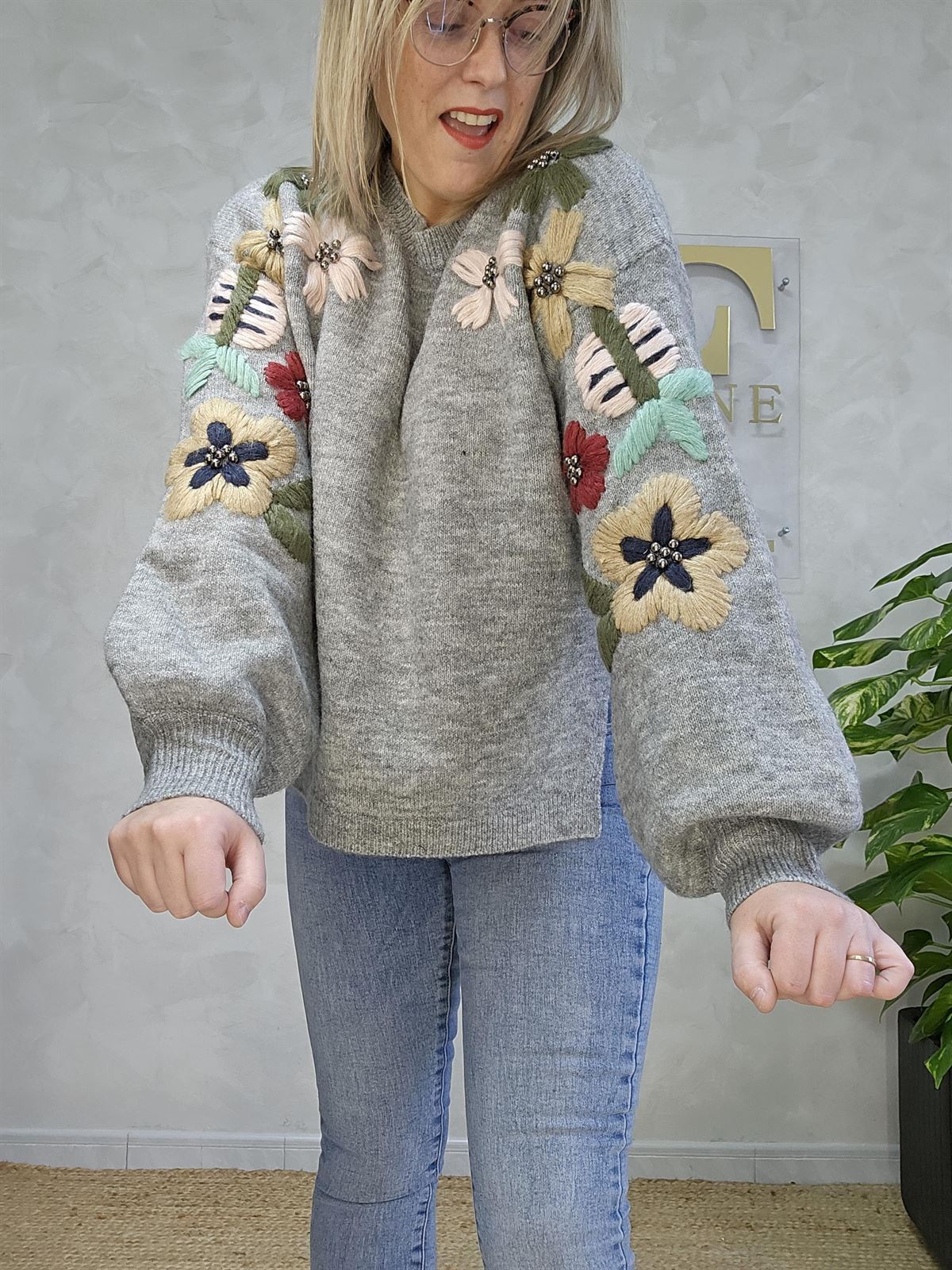 Jersey flores relieve lana - Imagen 1