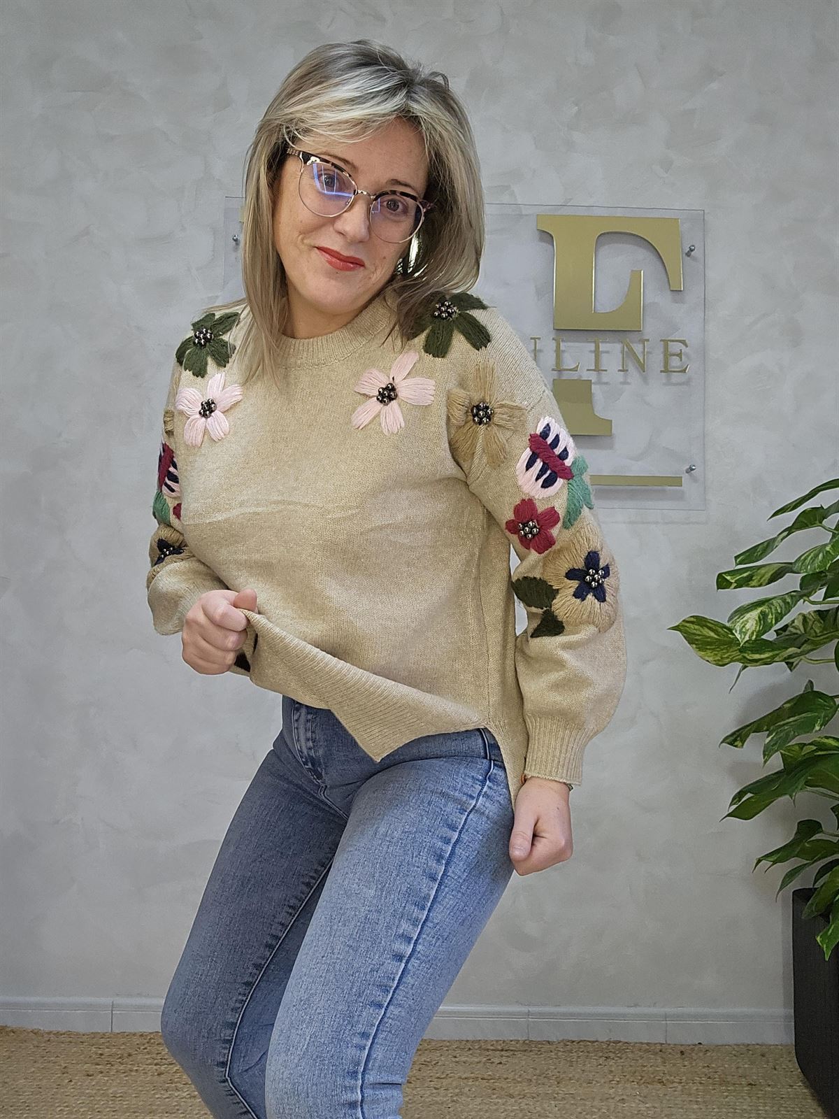Jersey flores relieve lana - Imagen 3