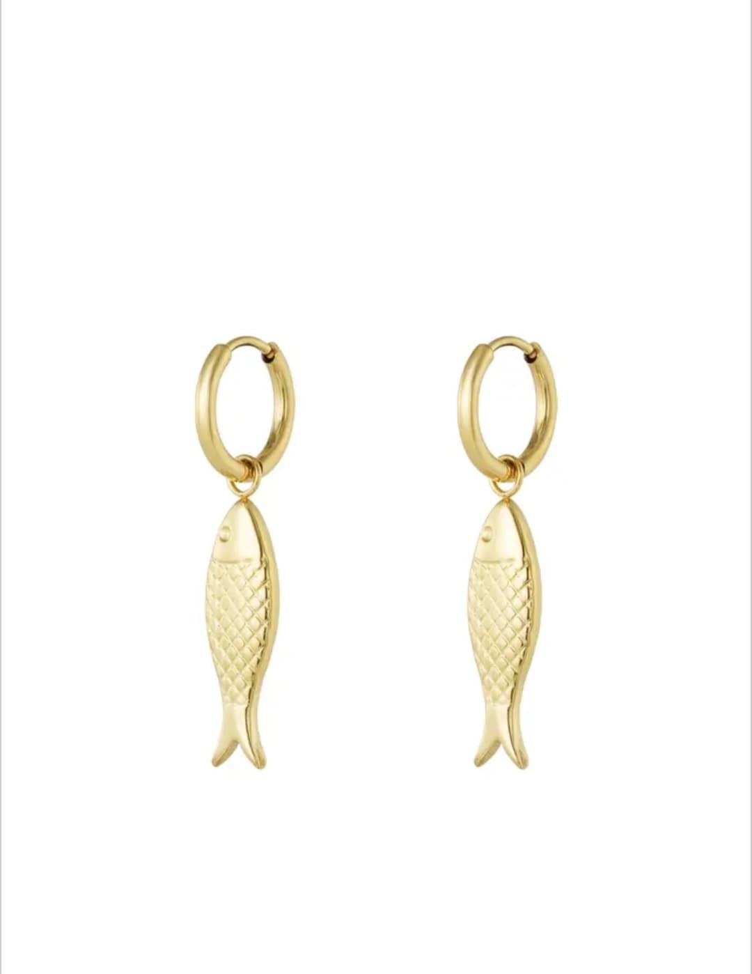 Pendientes Con Dije De Pez - Dorado Acero Inoxidable - Imagen 2