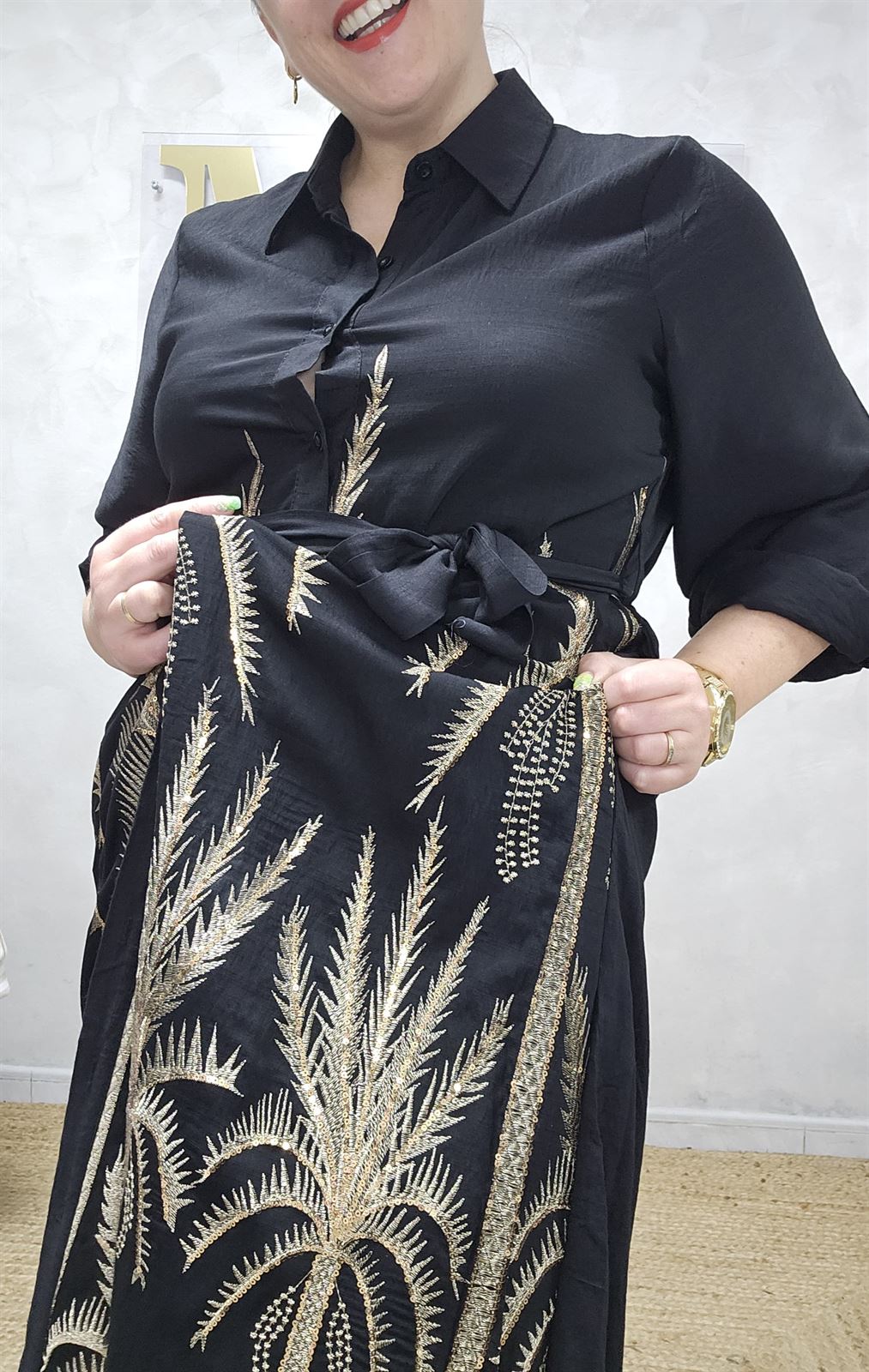 Vestido Camisero Palmeras Hilo Dorado - Imagen 3